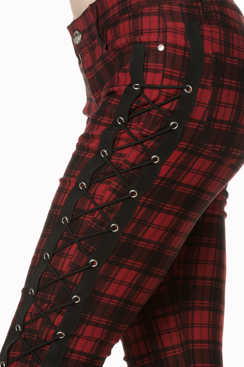 Low rise red check trousers with corset details on the side of the leg 