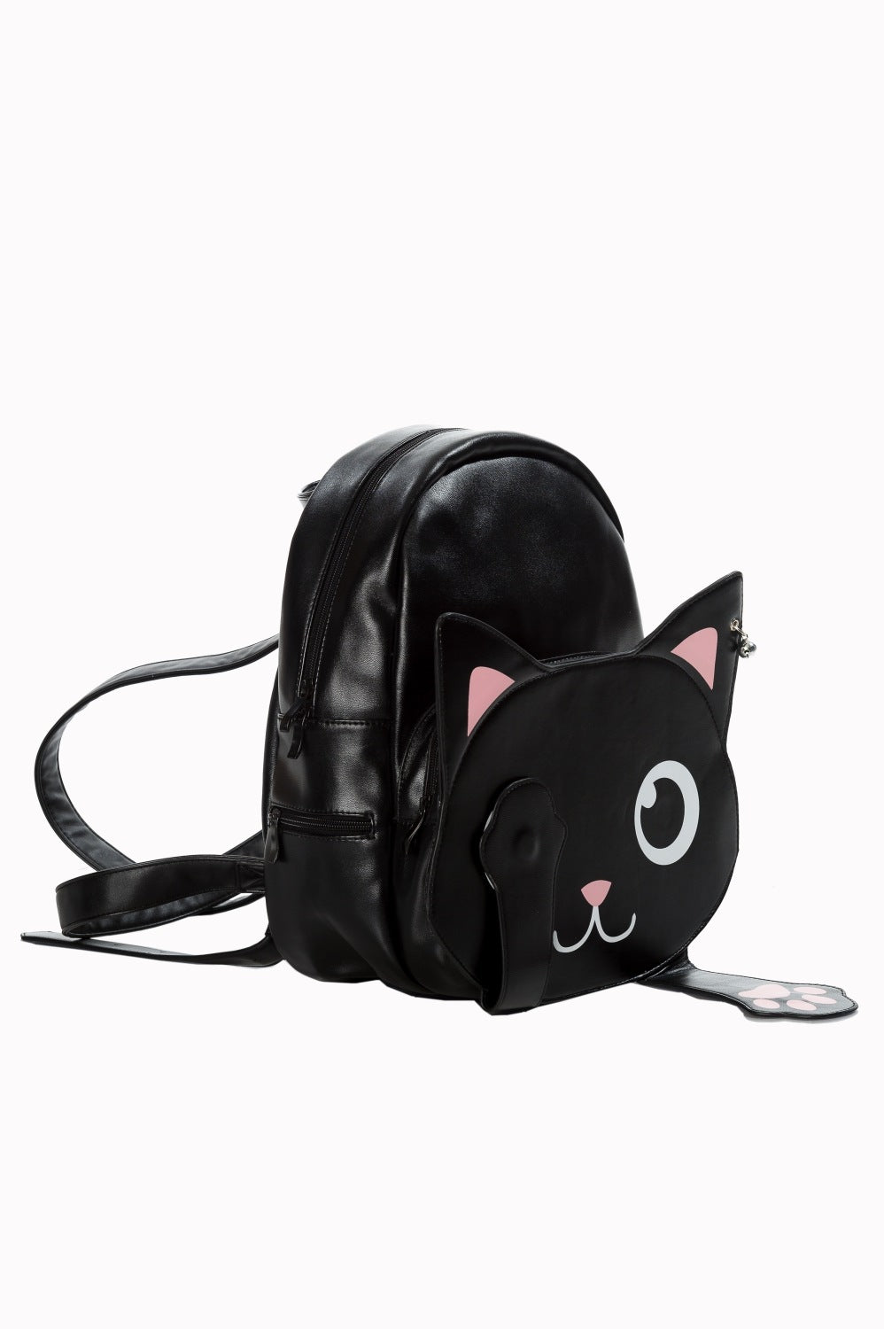 Side view on cat face back pack with one paw hiding one eye