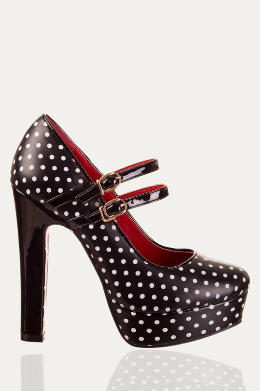 High heel black shoe with straps and white polka dot print