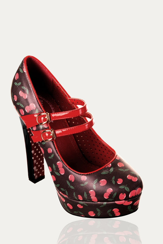 High heel black show with cherry motifs and red straps