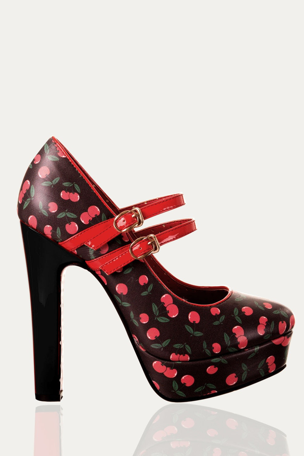 High heel black show with cherry motifs and red straps