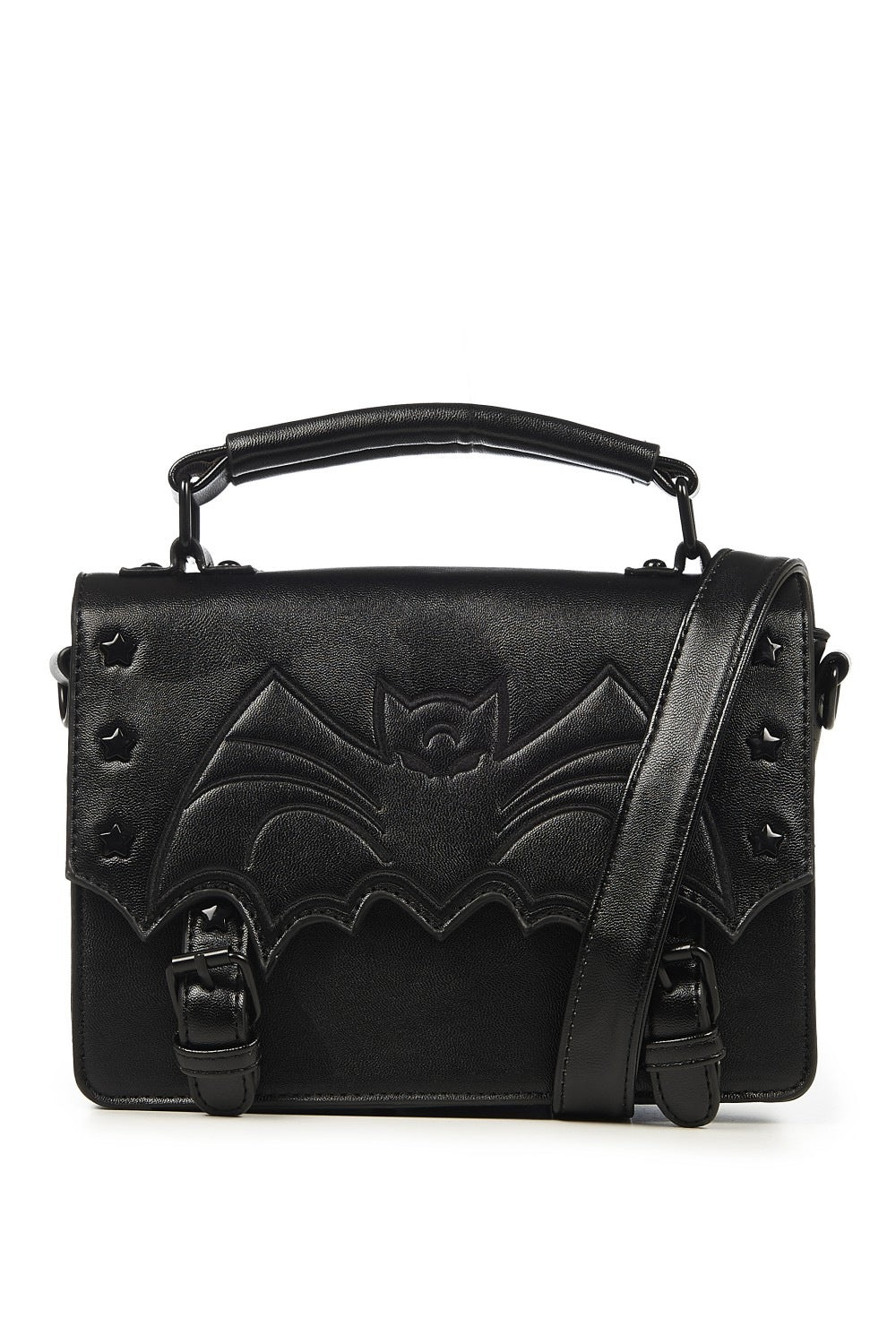 Black satchel handbag with bat emboss print 