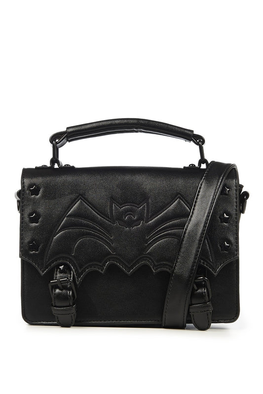 Black satchel handbag with bat emboss print