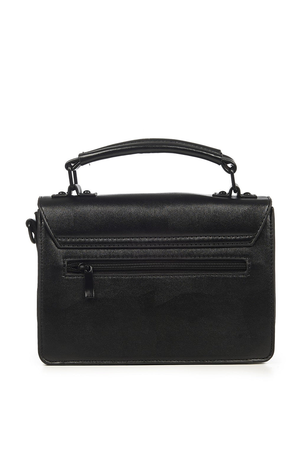 Back of Black satchel handbag with bat emboss print