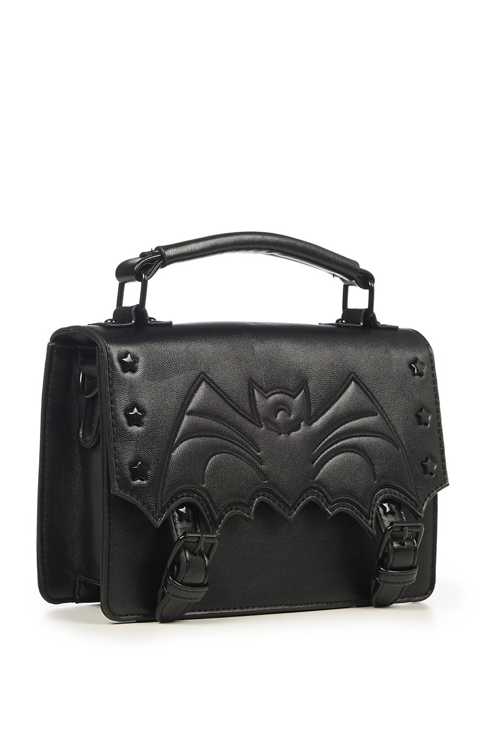 Black satchel handbag with bat emboss print