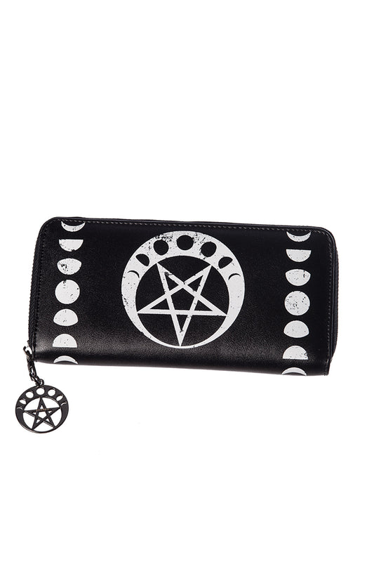 Pentagram with moon phases print on black purse with pendant 