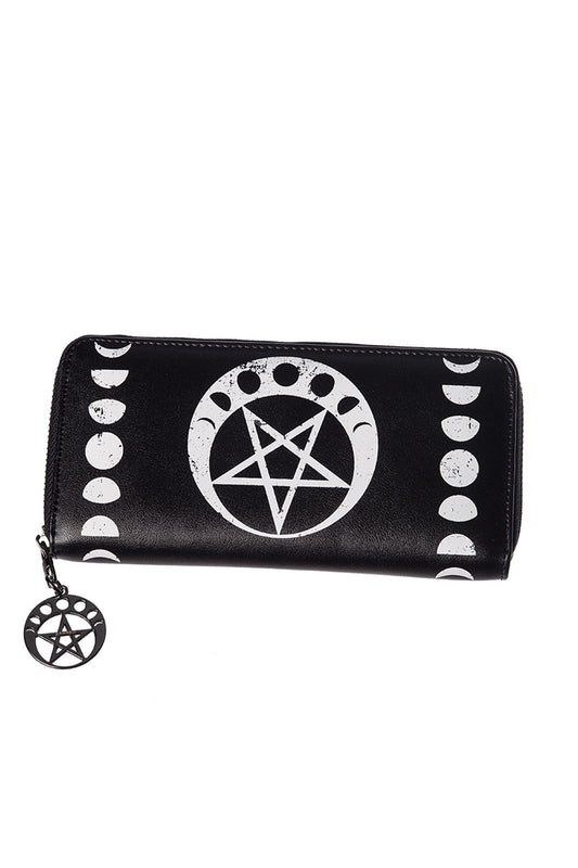 Pentagram with moon phases print on black purse with pendant
