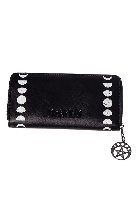 Pentagram with moon phases print on black purse with pendant