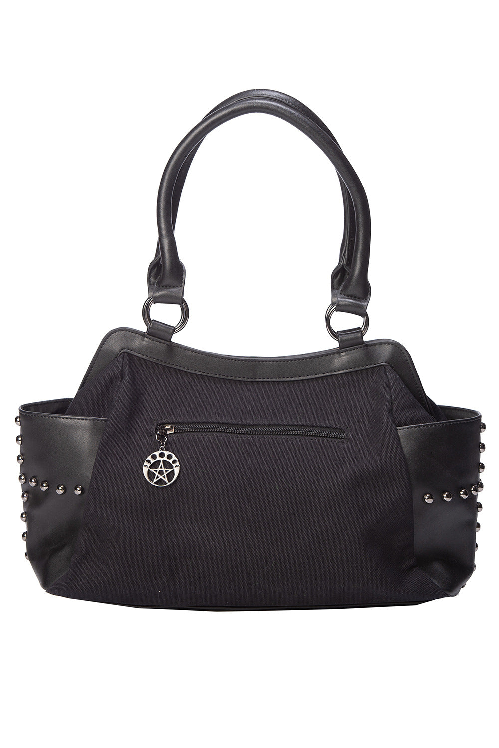 Back of black handbag with pentagram pendant zip 