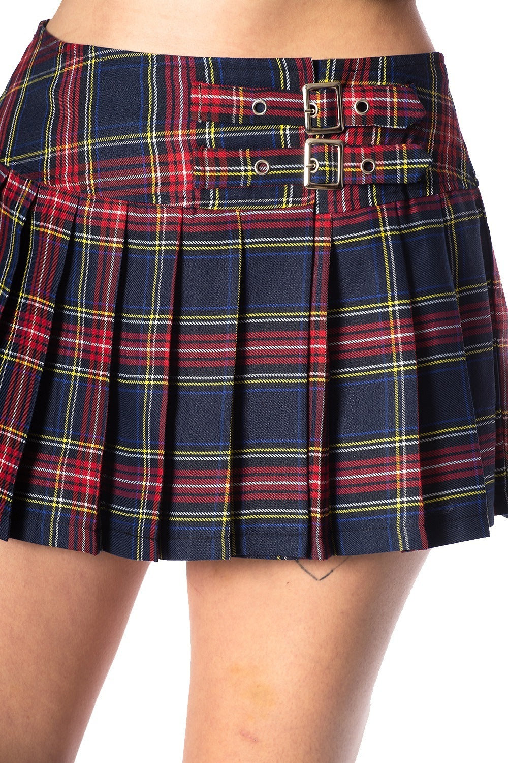 Navy and red tartan skirt with buckles 
