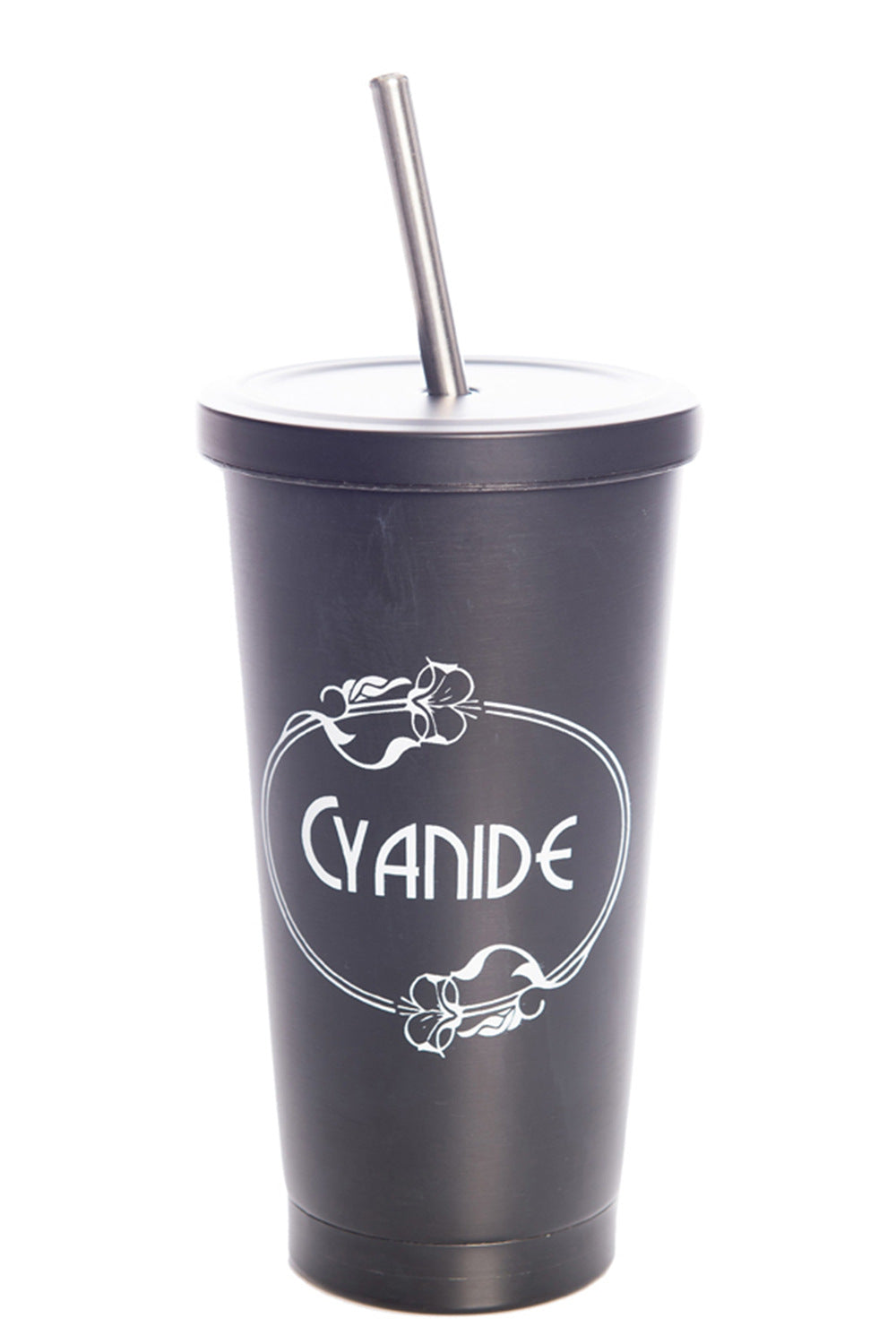 Reusable cup and straw in black with Cyanide detail