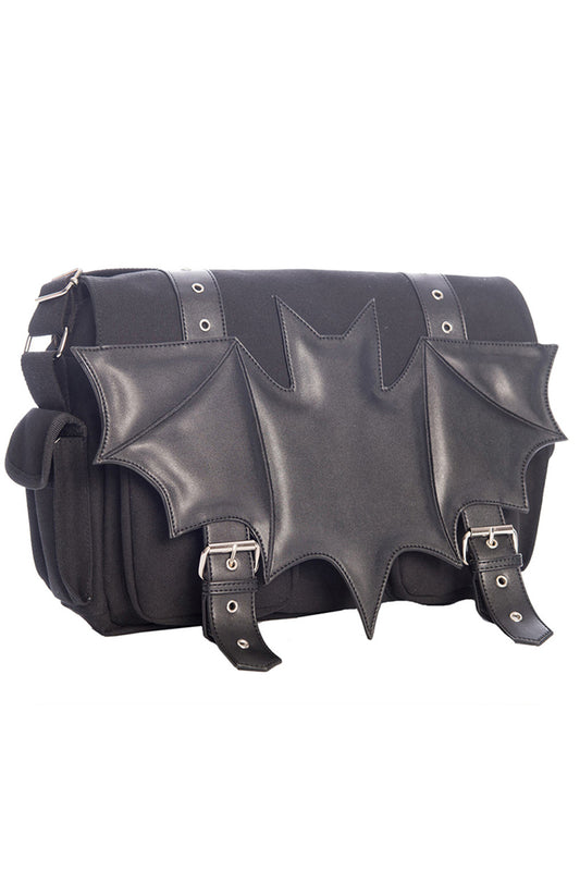 Black shoulder bag with bat embossed motif 