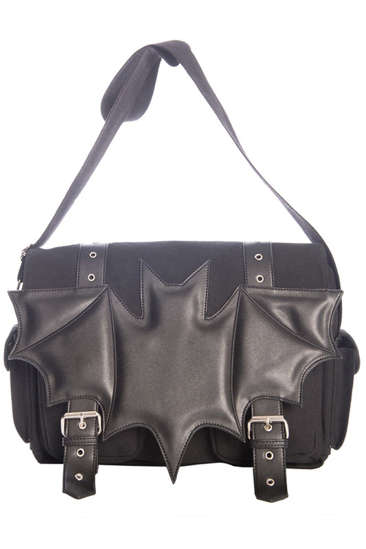 Black shoulder bag with bat embossed motif