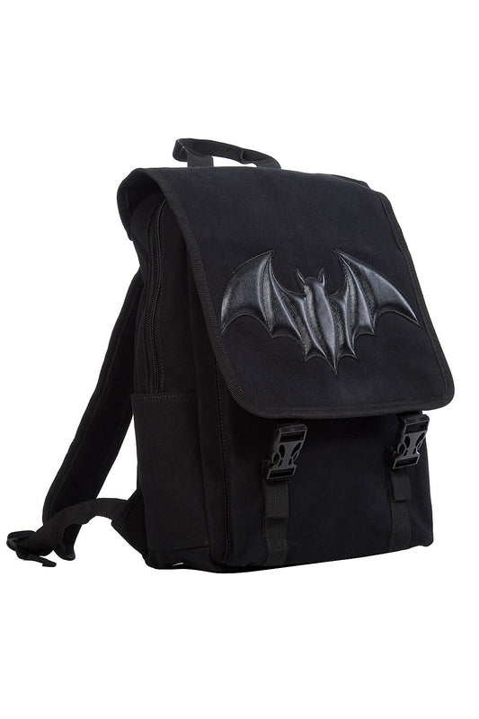 Black backpack with embossed bat motif