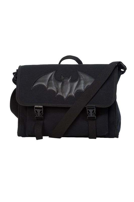 Black shoulder bag with embossed bat motif