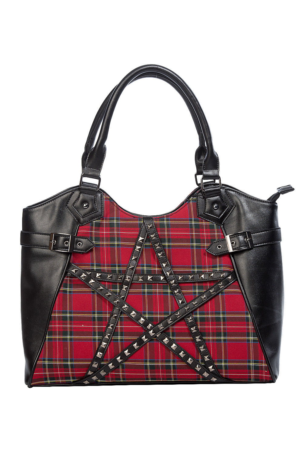 Black handbag with studded pentagram front with red tartan 