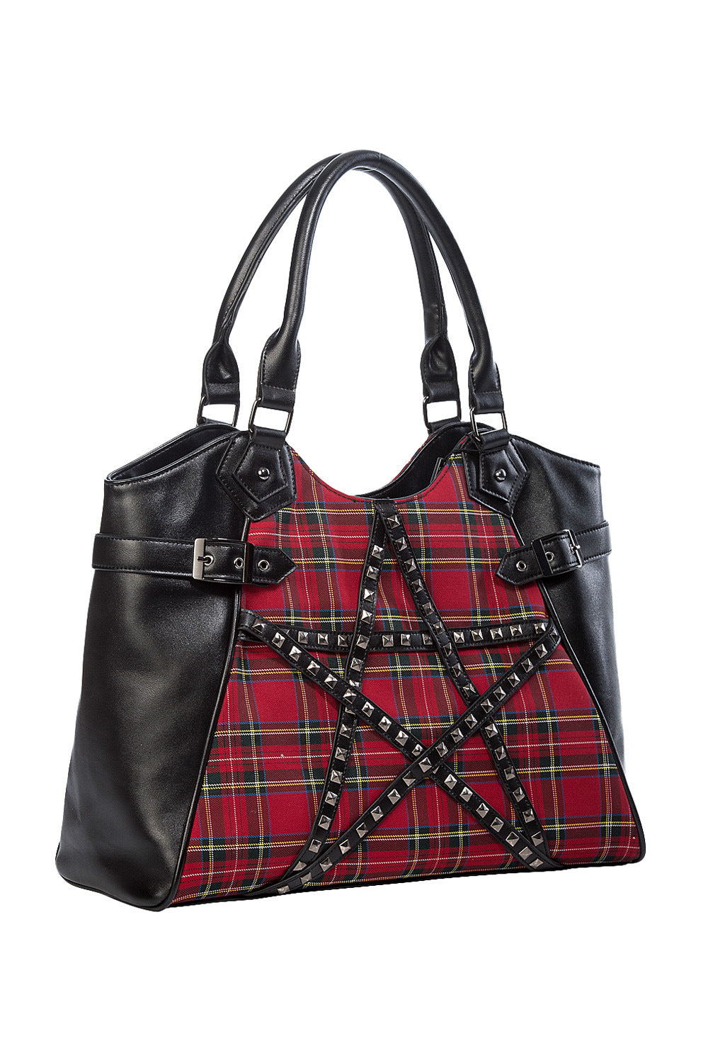 Black handbag with studded pentagram front with red tartan