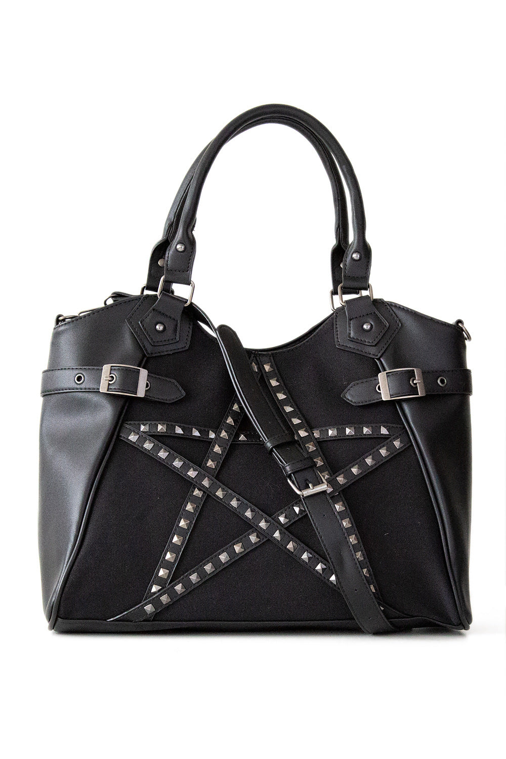 Black handbag with studded pentagram front