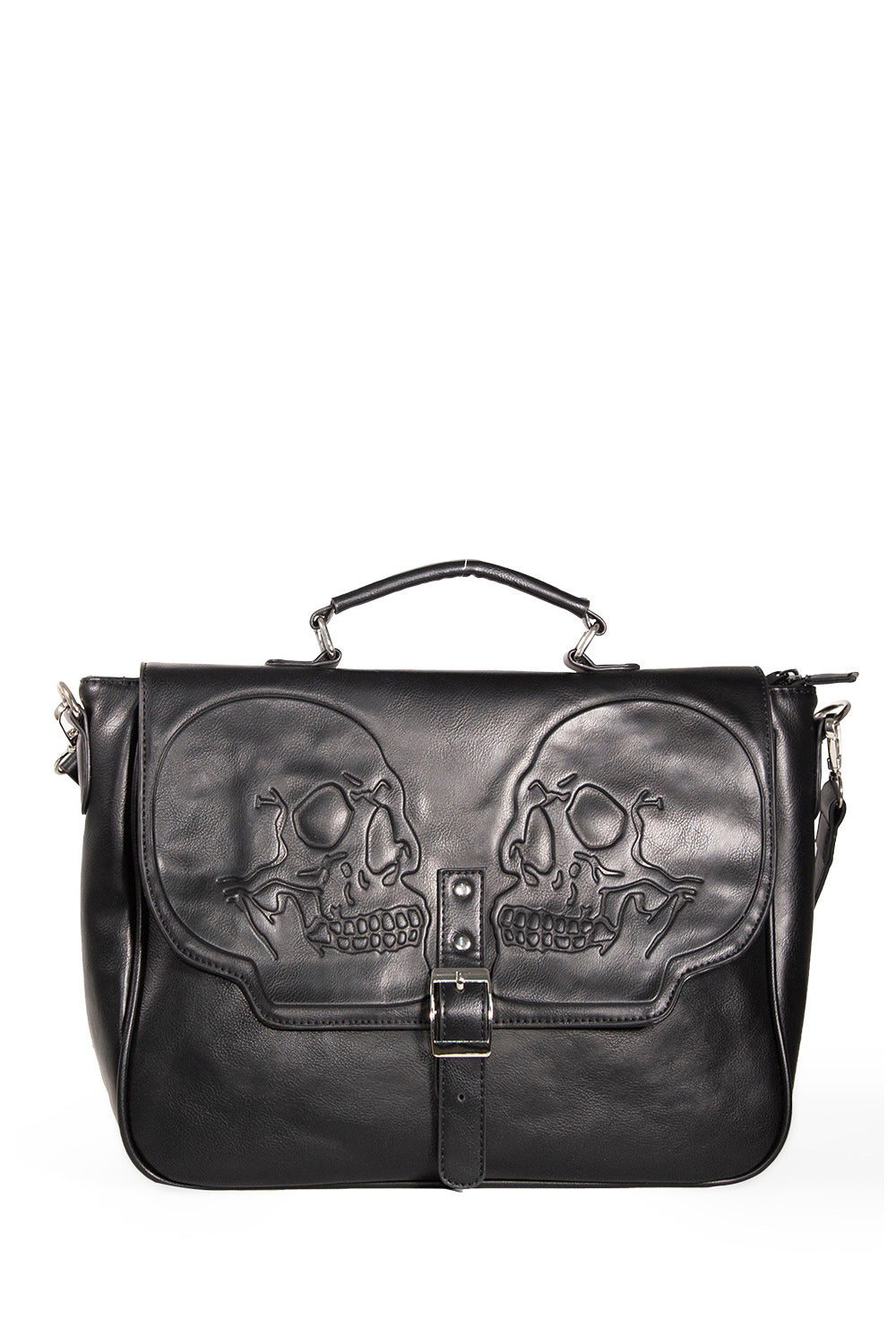 Black shoulder bag with two embossed skulls and buckle 
