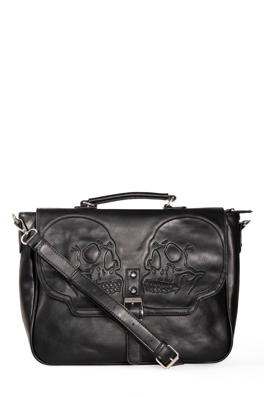 Black shoulder bag with two embossed skulls and buckle 
