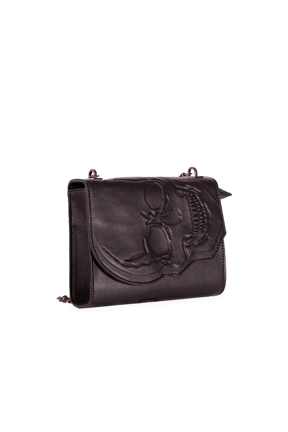 Black shoulder handbag with embossed skull design