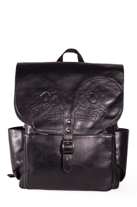Black backpack with two embossed skulls and buckle