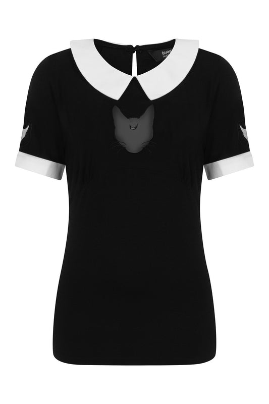 Black top with white collar and cuffs with cat mesh features