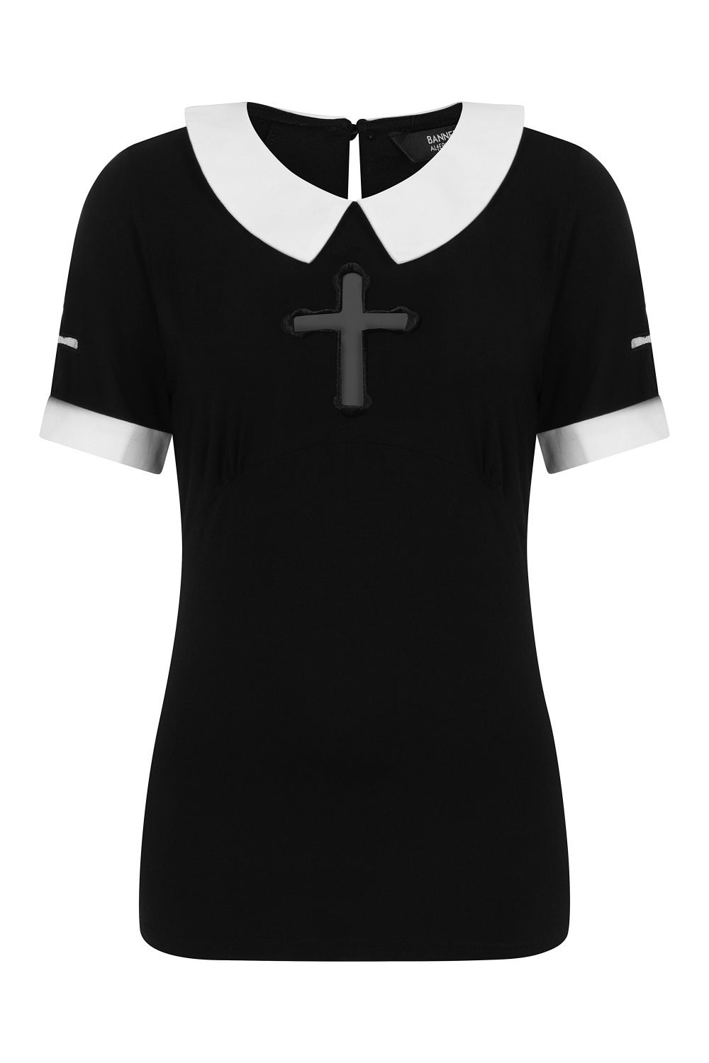 Black top with white sleeve cuff and collar. Featuring a cross mesh feature 