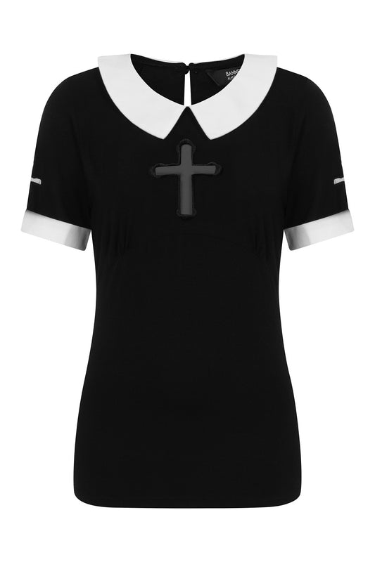 Black top with white sleeve cuff and collar. Featuring a cross mesh feature