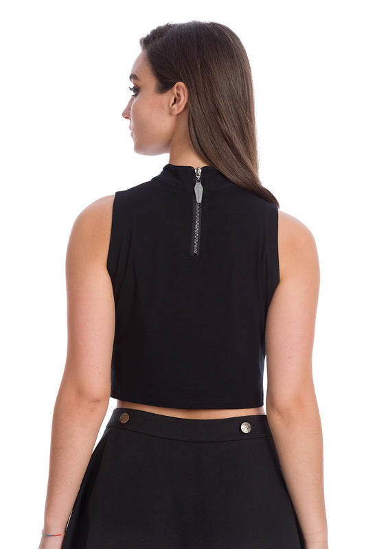 Model showing back of black high next crop top with zip up and coffin pendant 