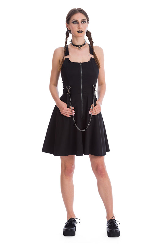 Alternative model in black a line dress with chain detail 