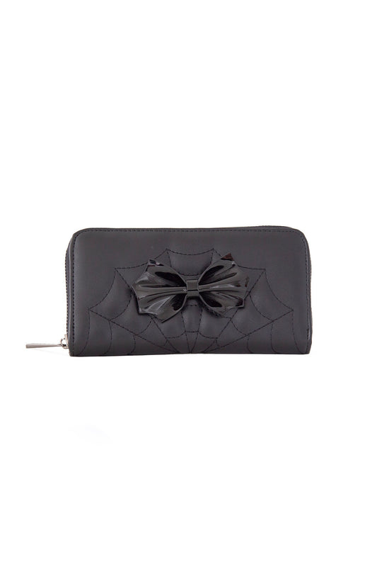 Black spider web detailed purse with bow 