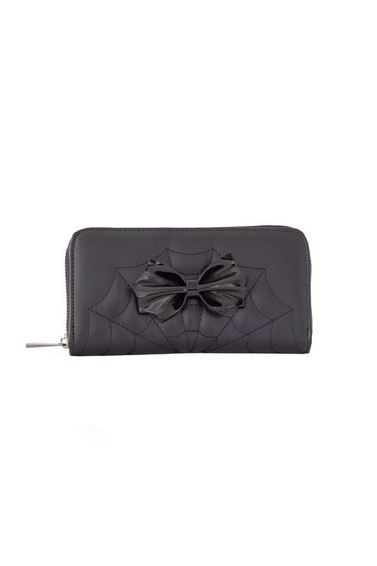 Black spider web detailed purse with bow