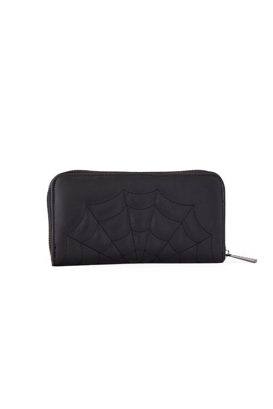 Back of black purse with embossed spider web