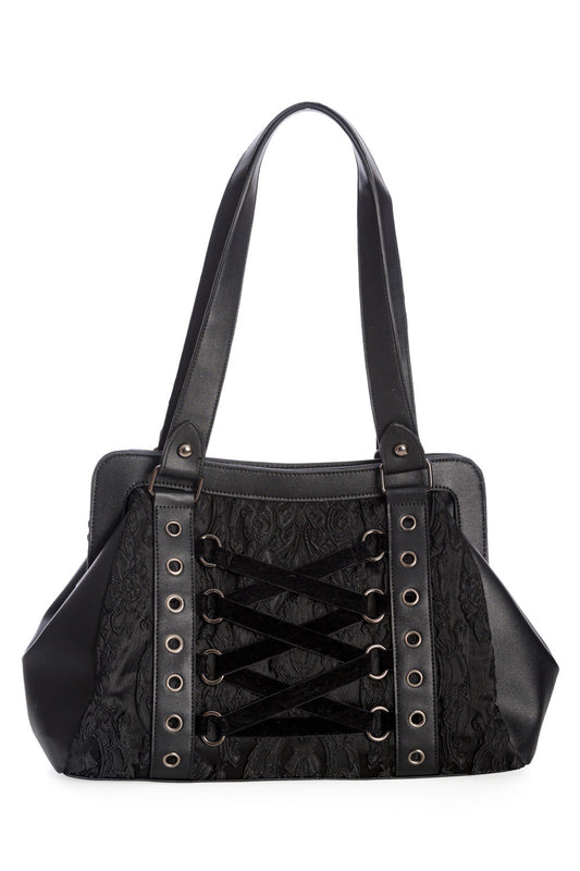 Black over the shoulder handbag in black with black lace details and corset feature to front. 