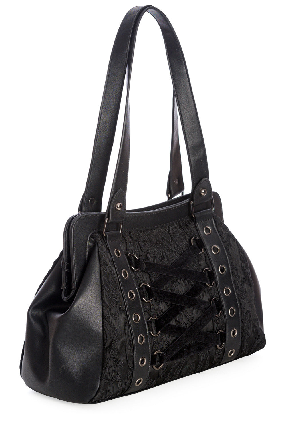 Black over the shoulder handbag in black with black lace details and corset feature to front.