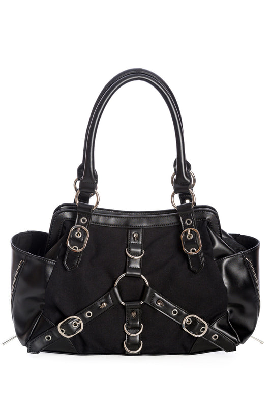 Black shoulder handbag with buckle details on the front centre. 