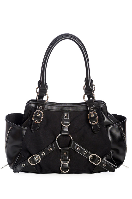 Black shoulder handbag with buckle details on the front centre.