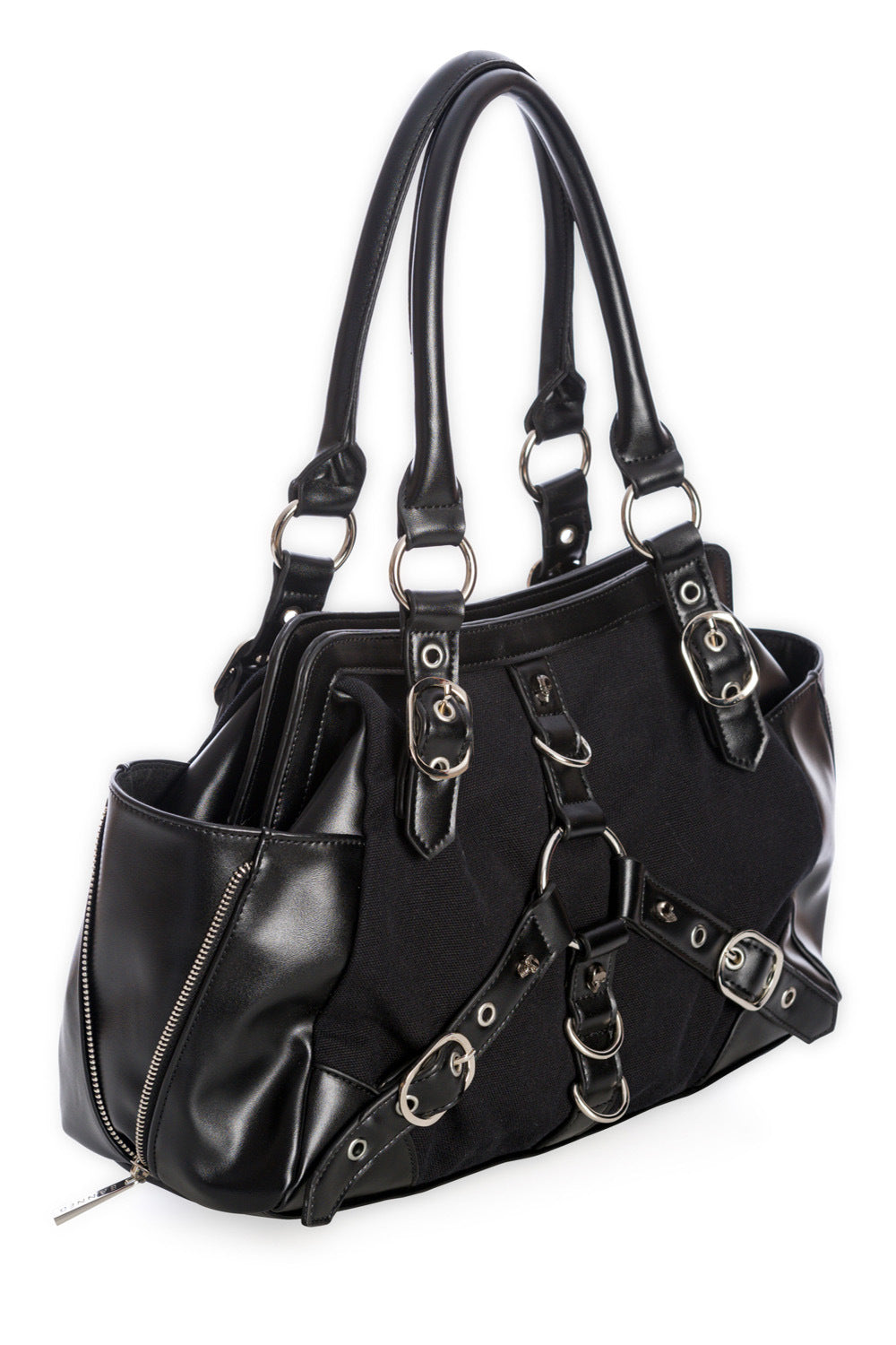 Black shoulder handbag with buckle details on the front centre. 