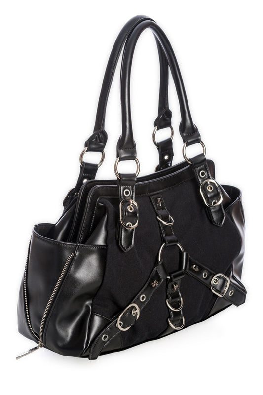 Black shoulder handbag with buckle details on the front centre.