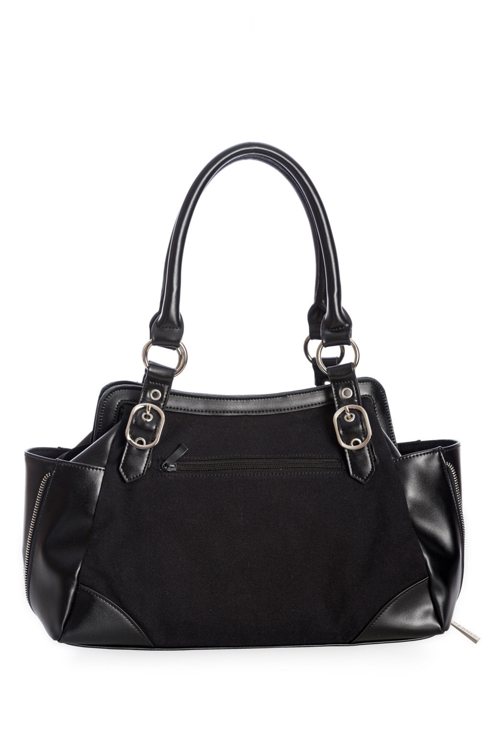 Black shoulder handbag with buckle details on the front centre. 