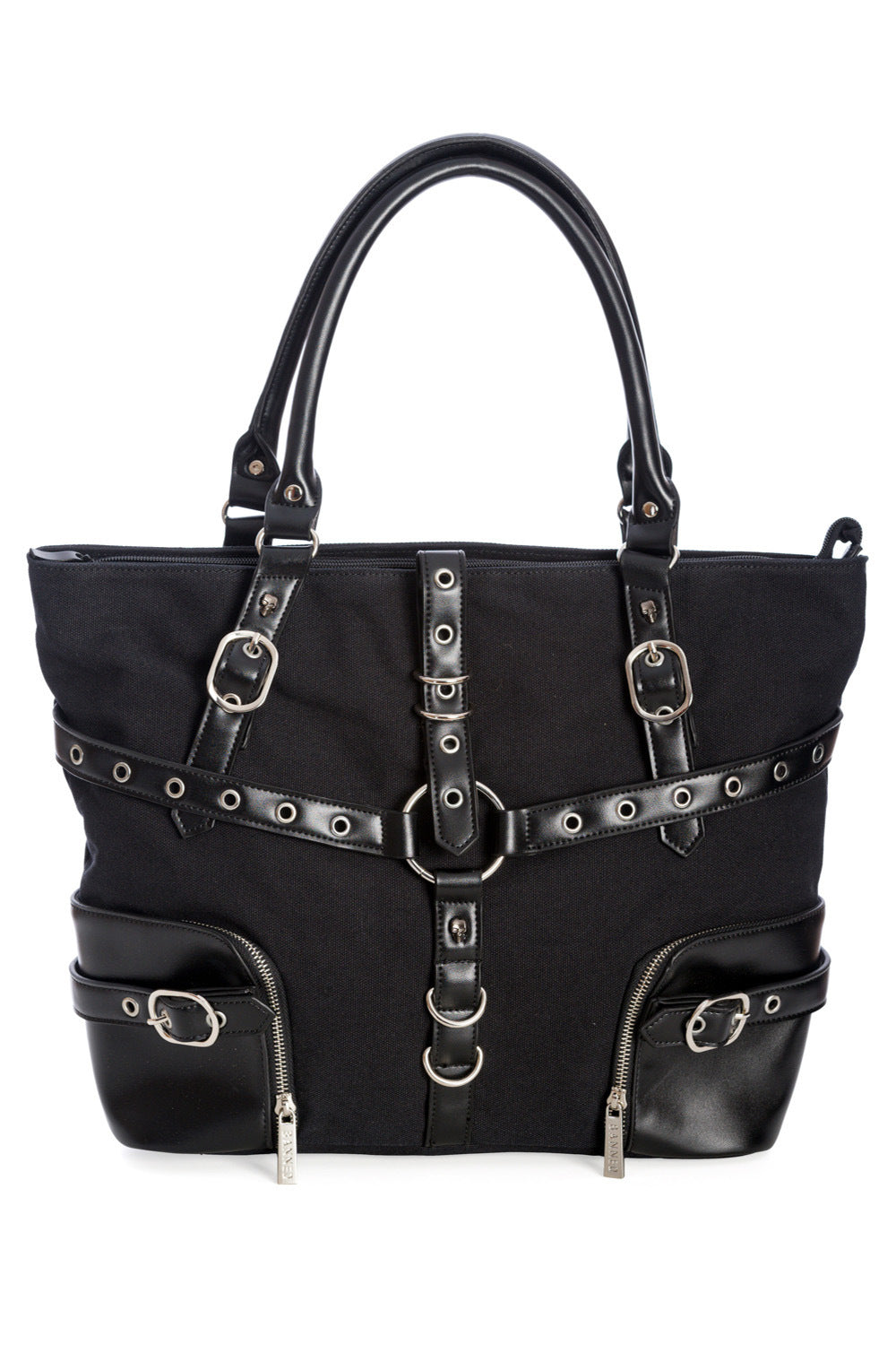 Large tote black tote bag with buckle details in the centre. 