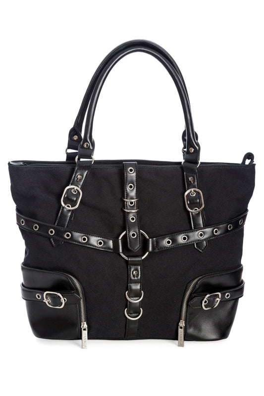 Large tote black tote bag with buckle details in the centre.
