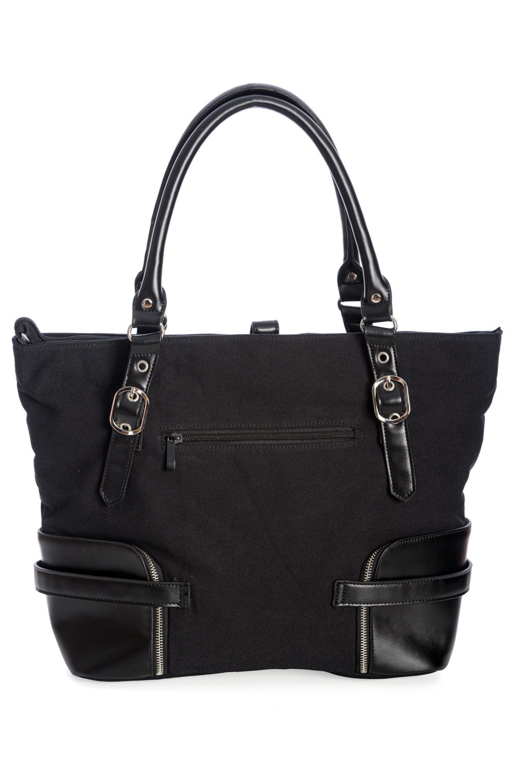 Large tote black tote bag with buckle details in the centre. 