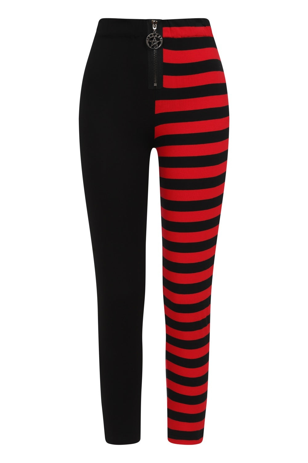 High waisted leggings with one striped red leg and zip waist 