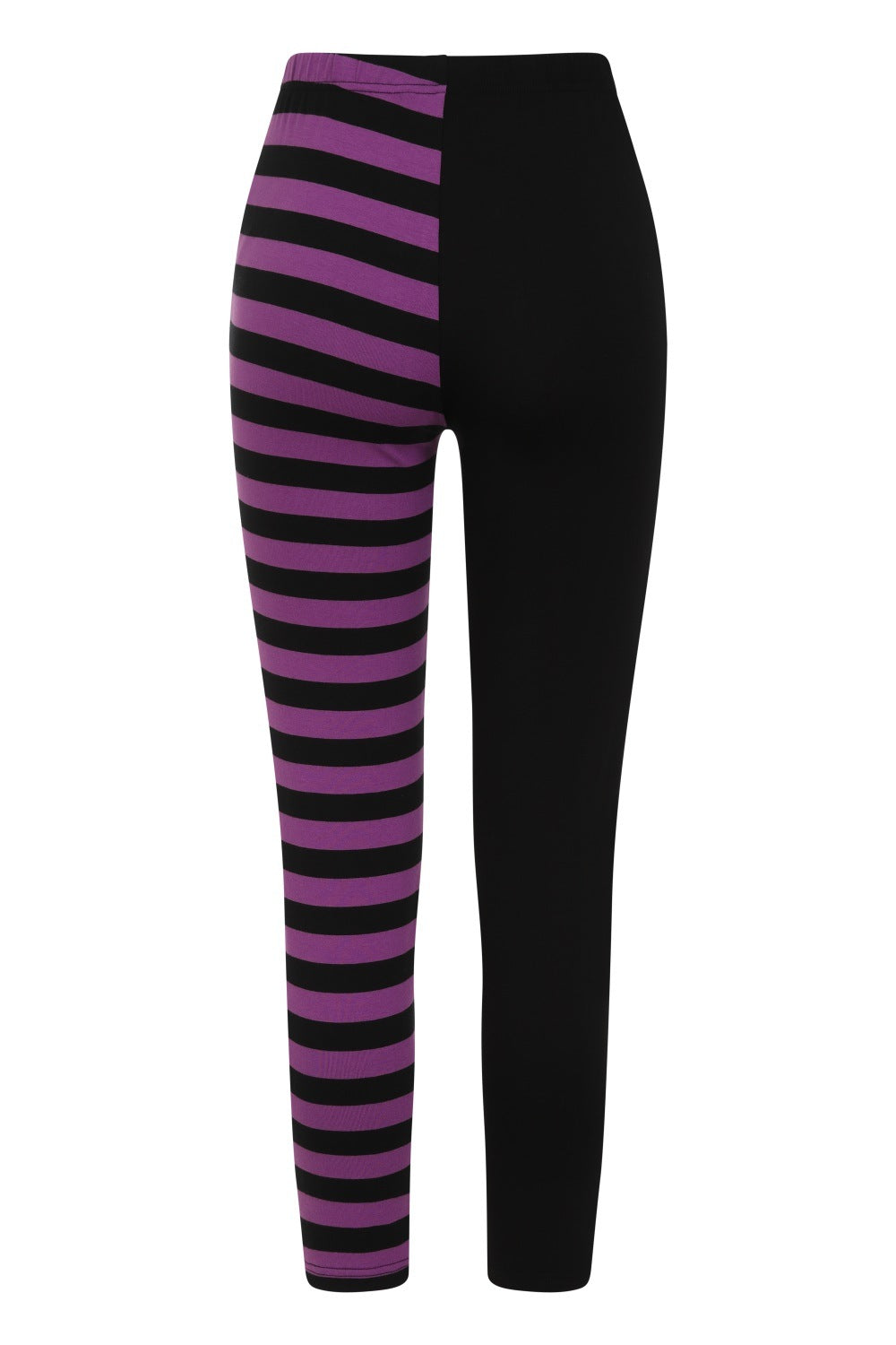 High waisted leggings with one striped purple leg and zip waist 