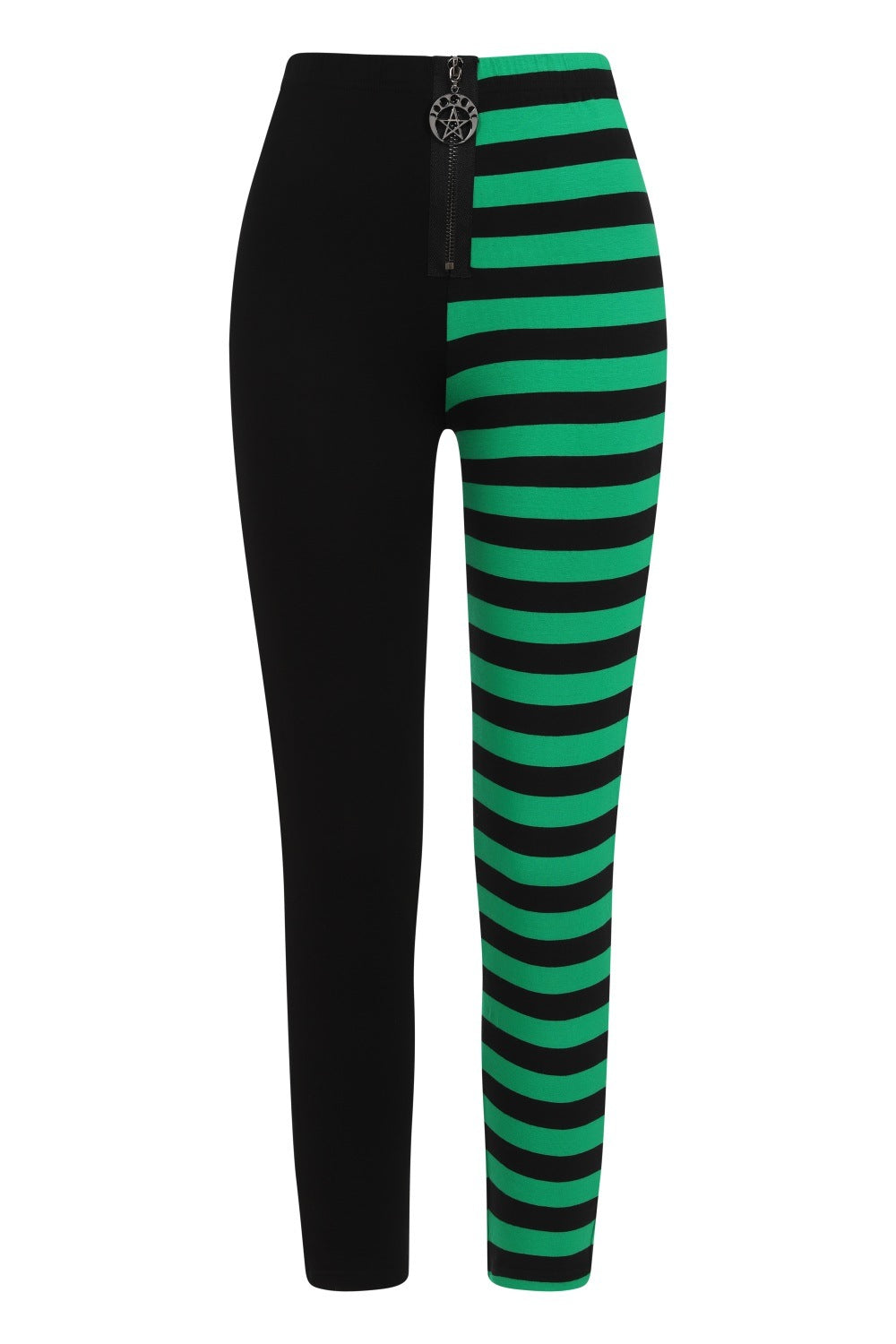 High waisted leggings with one striped green leg and zip waist