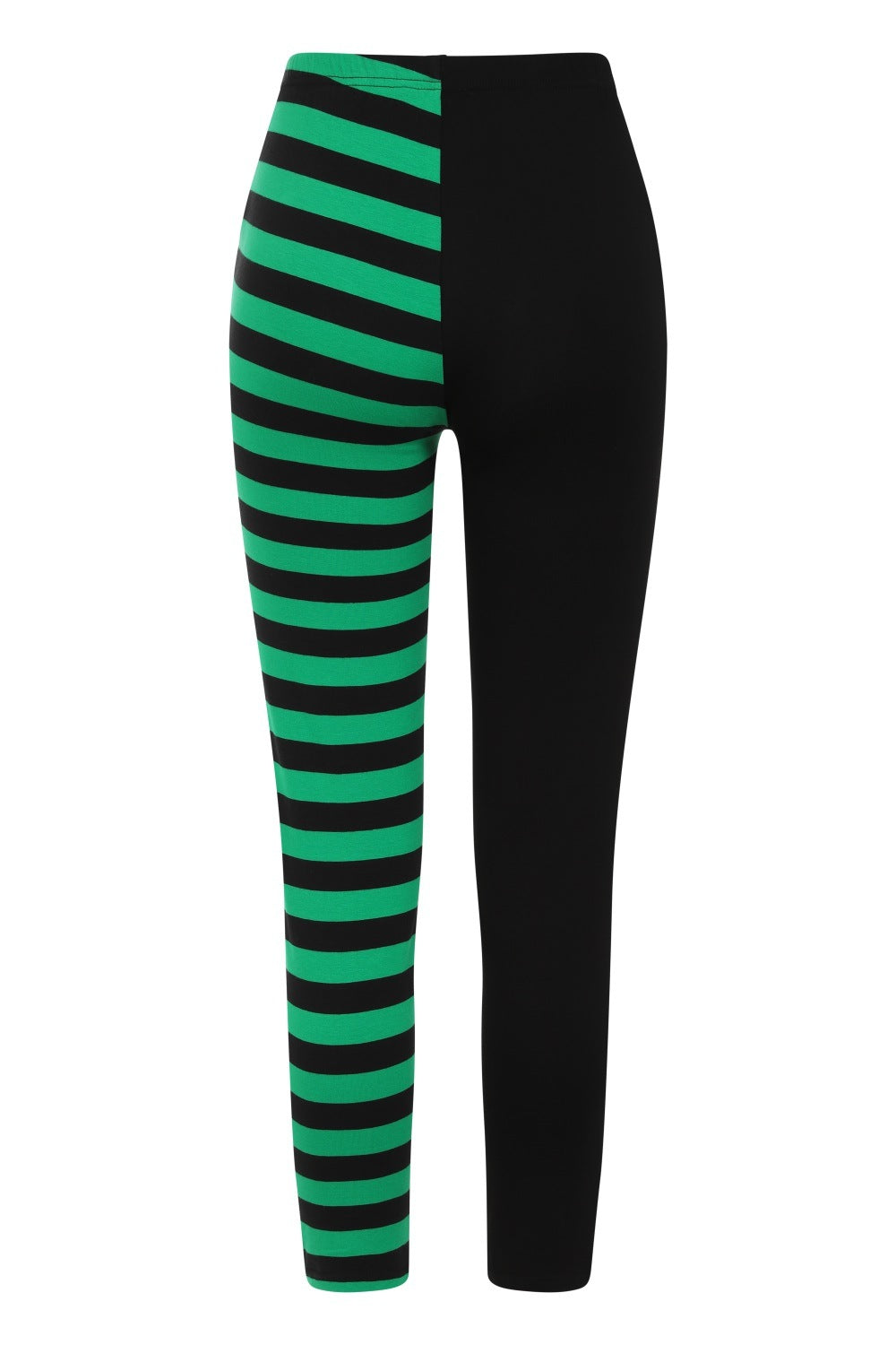 High waisted leggings with one striped green leg and zip waist