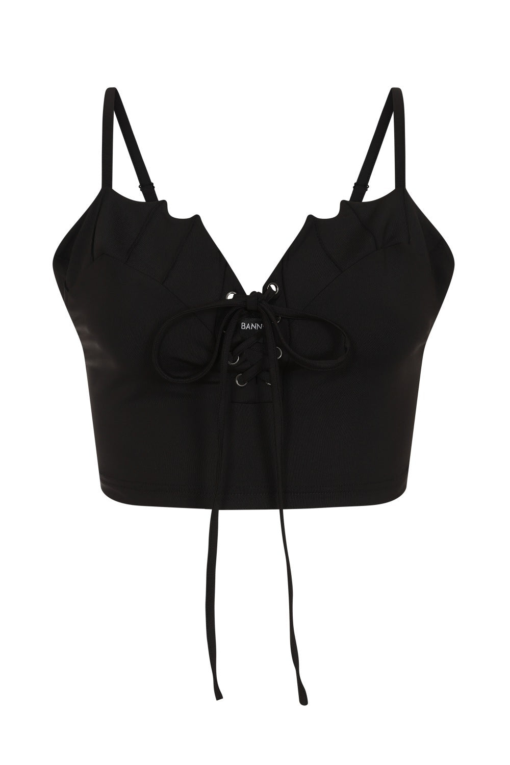 Black crop top with bat wing styled cups and corset tie up detail
