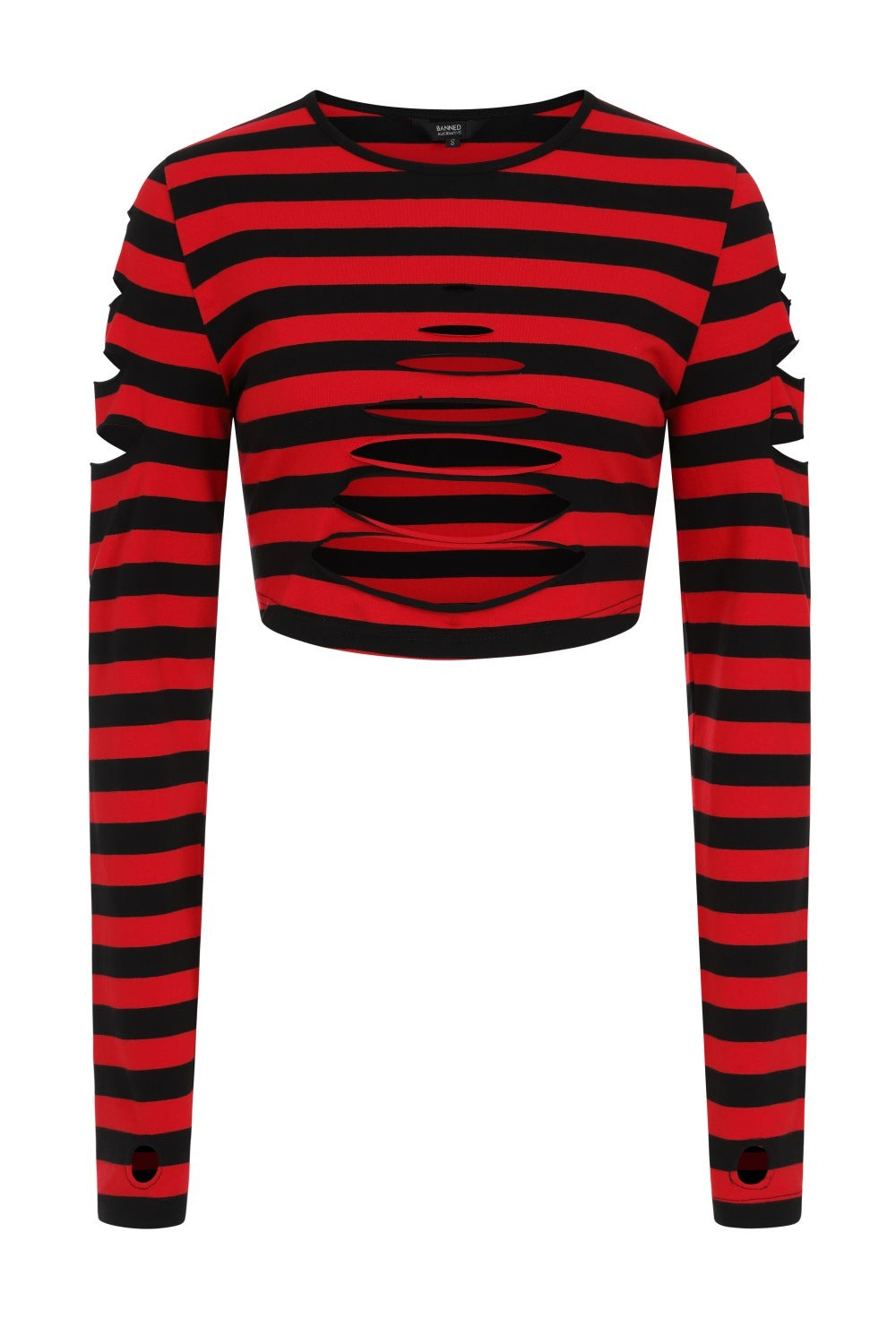 Red and black stripe crop top with rip designs, long sleeves and thumb holes